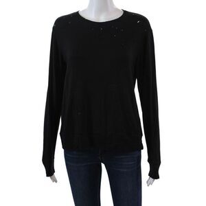 Solow Womens Long Sleeve Scoop Neck Knit Distressed Shirt Black Size Medium